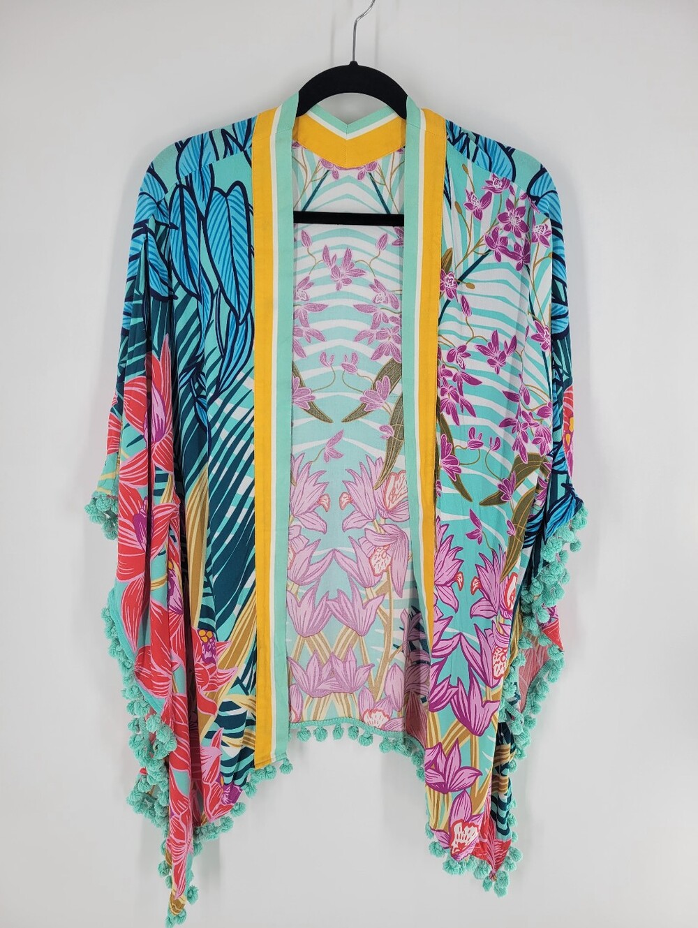 Trina Turk Aqua Multicolor Floral Pom-Pom Kimono Beach Cover Up One Size